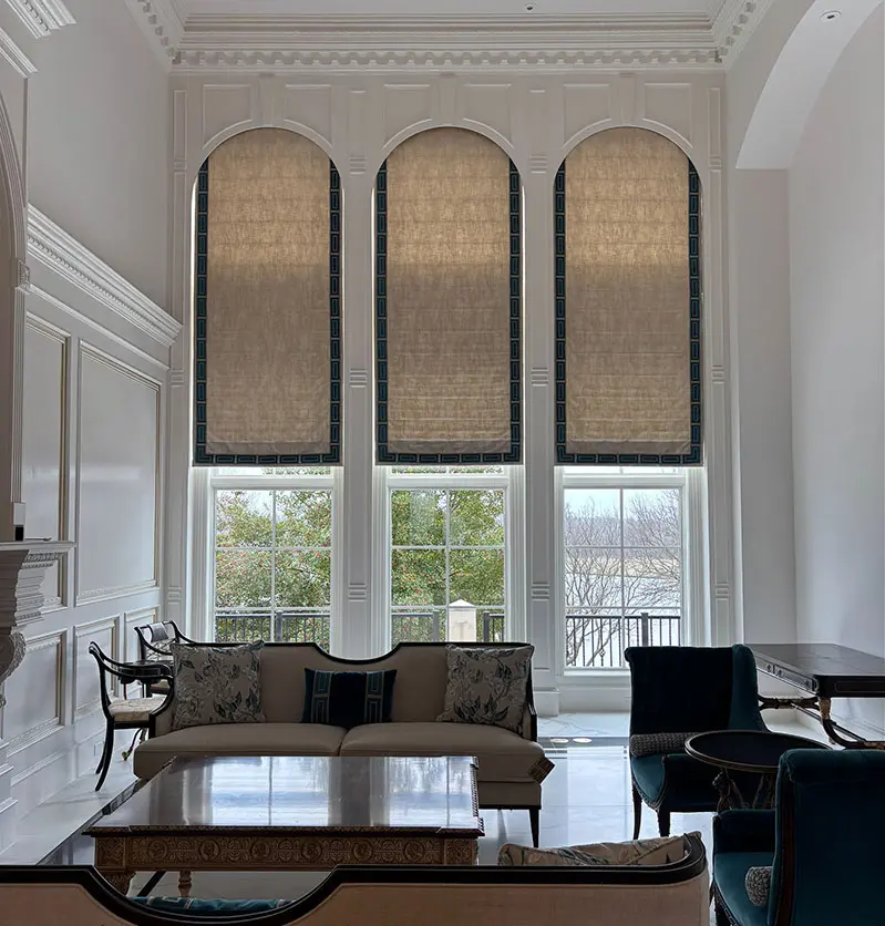 Photo of living room. Automatic shades.